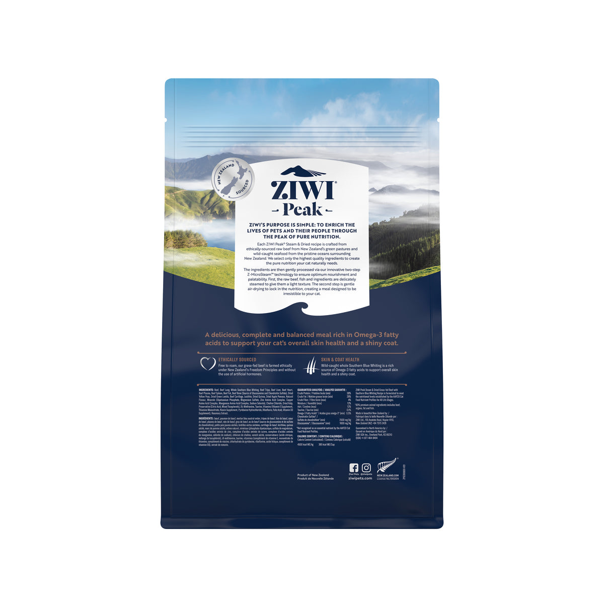ZIWI Peak Steam & Dried Grass-fed Beef with Southern Blue Whiting Cat Food – packaging details