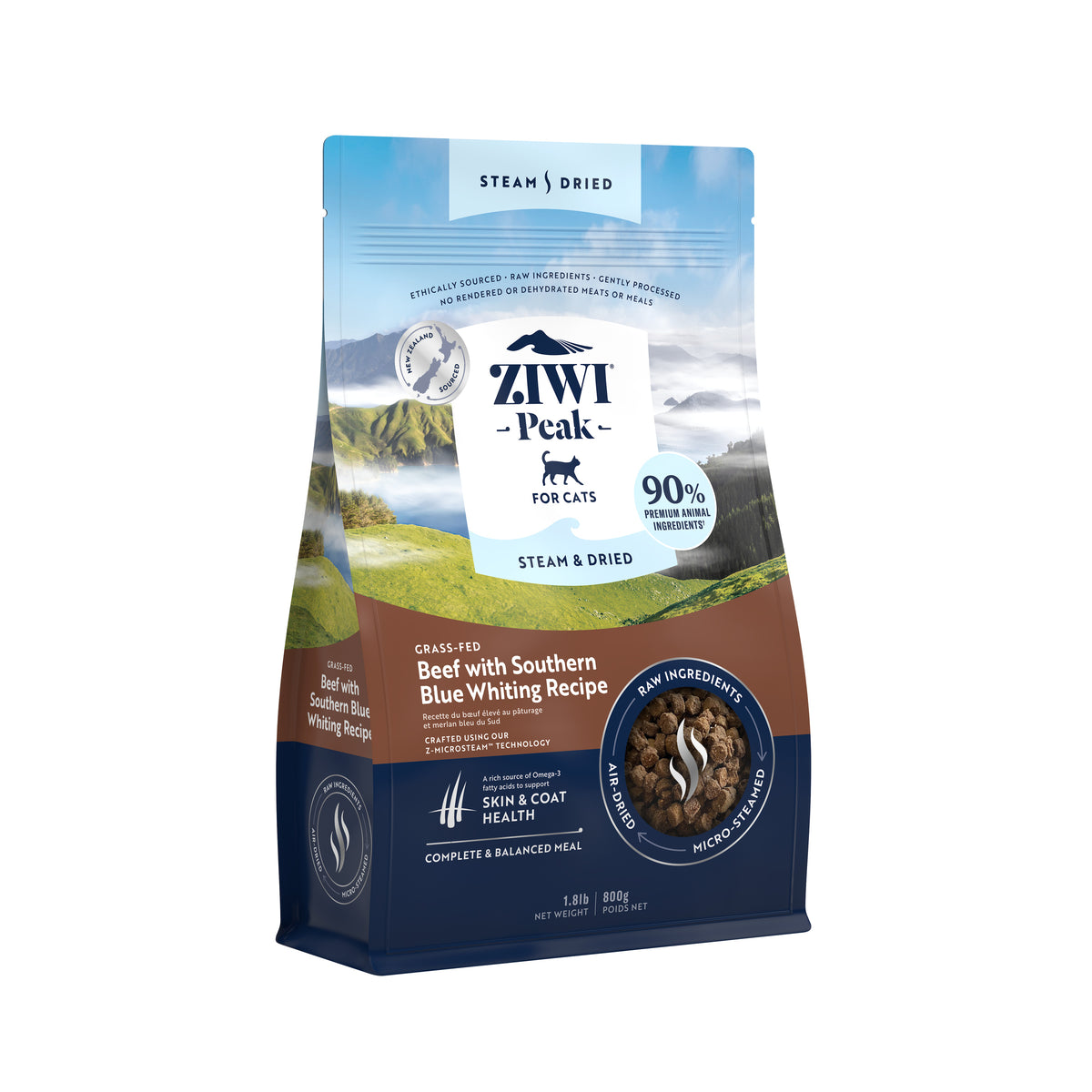 ZIWI Peak Steam & Dried Grass-fed Beef with Southern Blue Whiting Cat Food – 800g