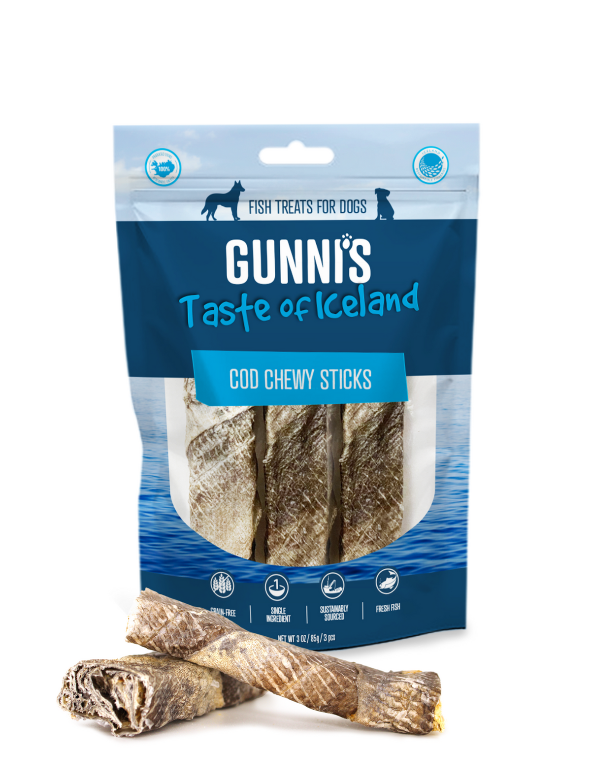 Gunni’s Cod Chewy Sticks 4 inch dog treats, 3 pack