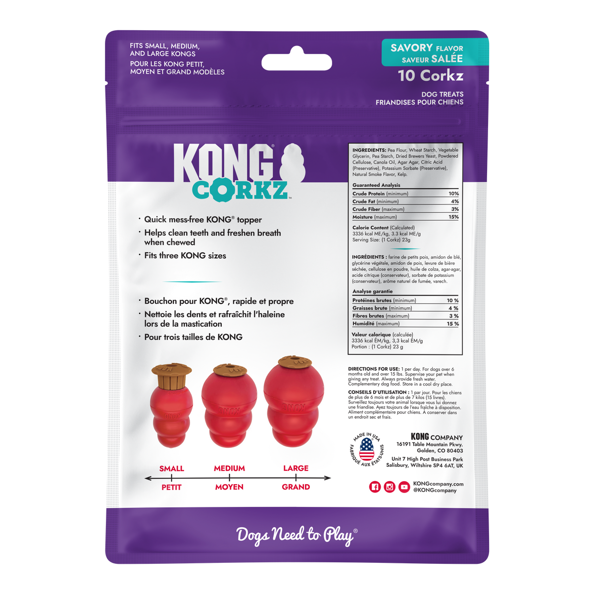 Back of KONG Corkz 227g packaging showing ingredients and feeding instructions