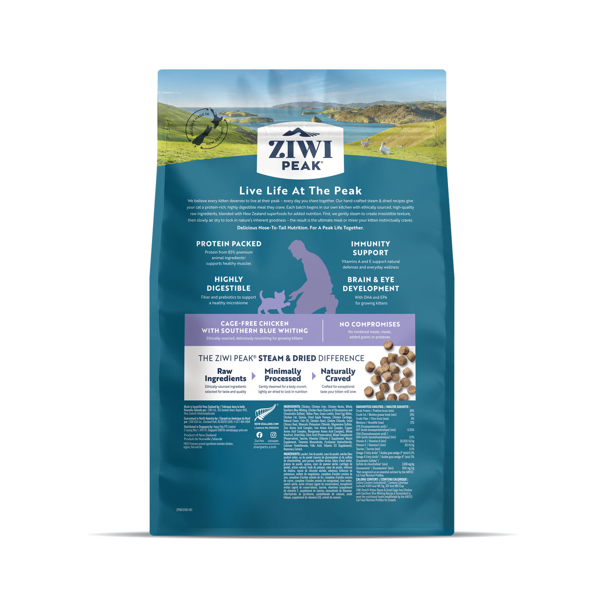 ZIWI Peak Steam & Dried Chicken with Southern Blue Whiting Kitten Food 700g – packaging details