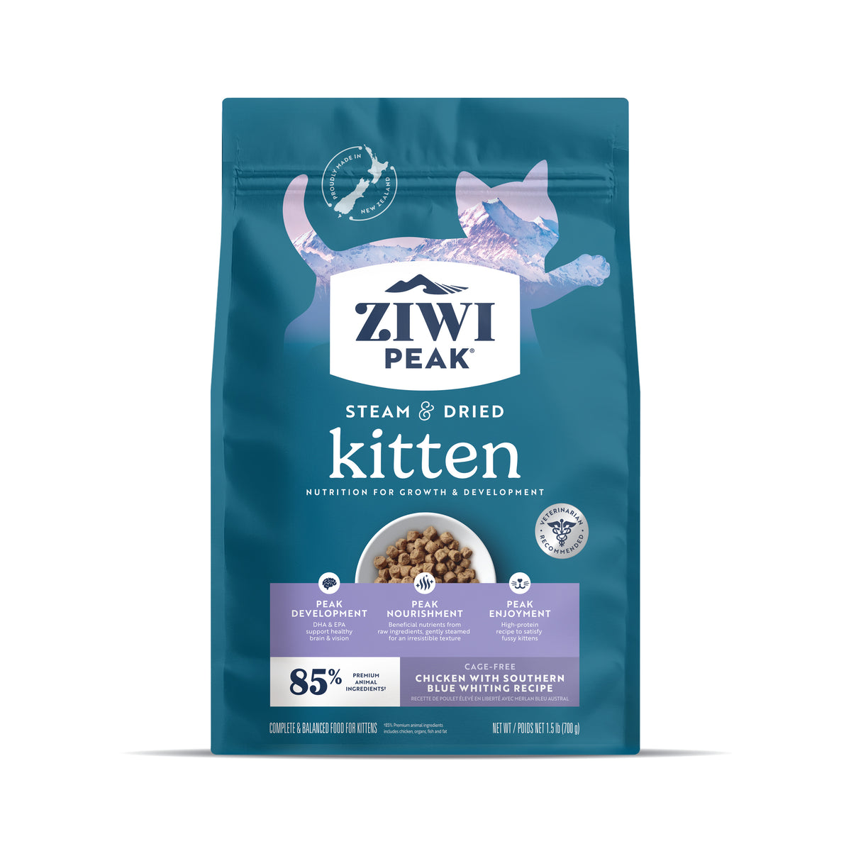 ZIWI Peak Steam & Dried Chicken with Southern Blue Whiting Kitten Food 700g – front of pack
